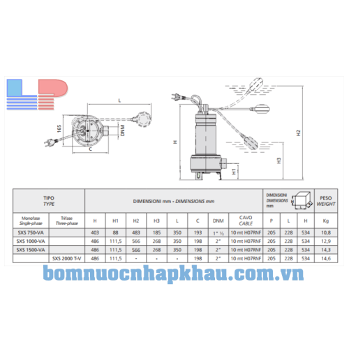 Kích thước máy bơm chìm Inox SXS-750-VA